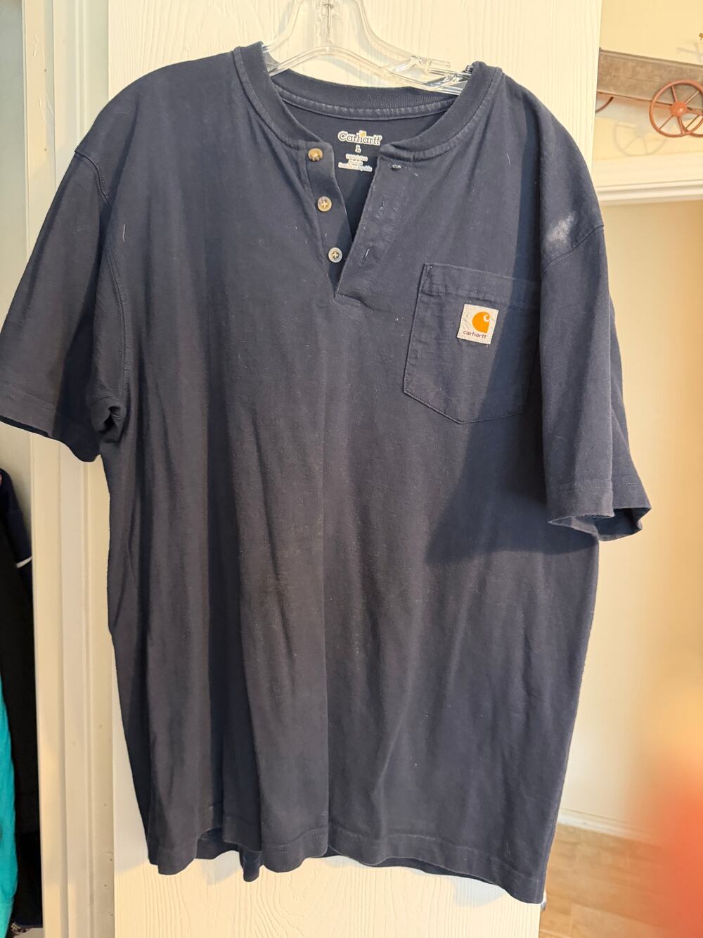 Carhartt Pocket Henley T-Shirt Men's Navy Blue Short Sleeve Logo Patch Workwear